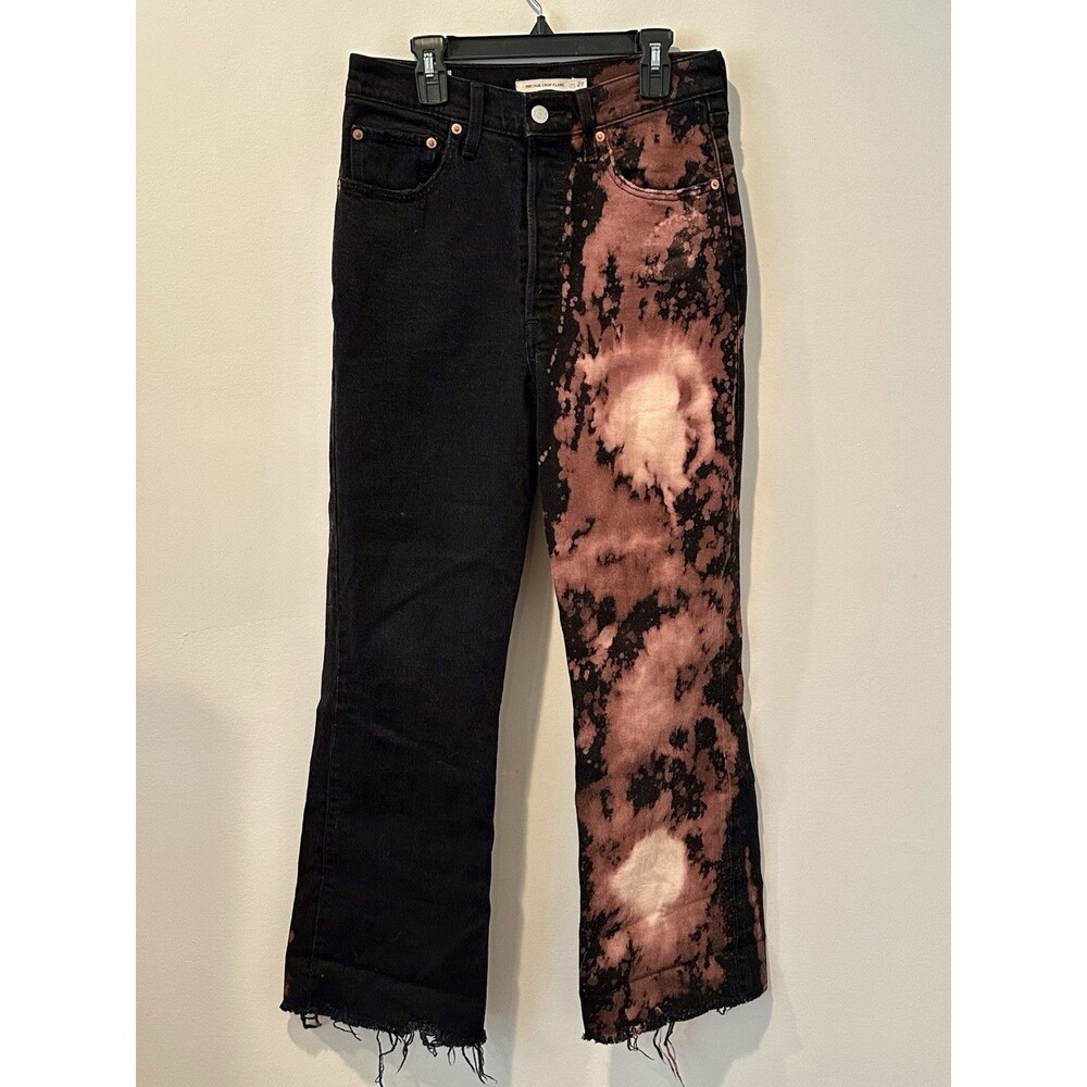 Levi's Ribcage Crop Flare Jeans Black w/ Bleach Distressing Button Fly Sz 27 EUC